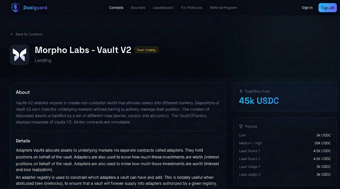 DualGuard contest page for Morpho Labs with a 50k USDC prize pool and payout breakdown.
