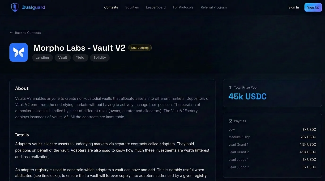 DualGuard contest page for Morpho Labs with a 45k USDC prize pool and payout breakdown.